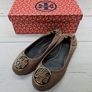 Tory Burch Reva Coconut Brown Stingray Leather Ballet‎ Flats Womens Size 8